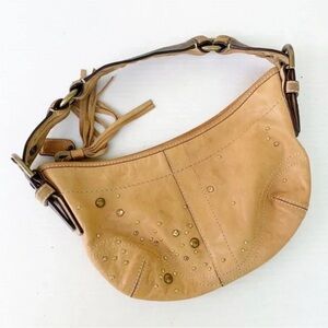 Coach Tan Studded Leather Hobo Bag Tassel Shoulder Strap Brass Hardware Pink Li…